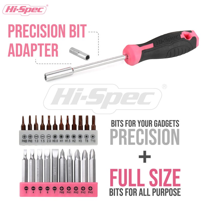 Hi-Spec مجموعة أدوات كهربائية لاسلكية من هاي-سبك 58 قطعة باللون الوردي 8 فولت مع شاحن USB ومجموعة أدوات منزلية للسيدات. مفكات، مجموعة ملحقات رؤوس الحفر، كماشة ومطرقة في صندوق أدوات. - Image 5